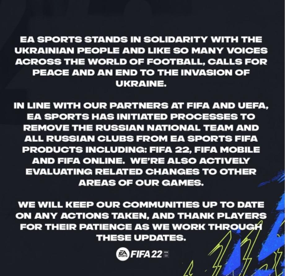 Déclaration sportive d'EA concernant la décision de retirer la Russie de Fifa 2022
