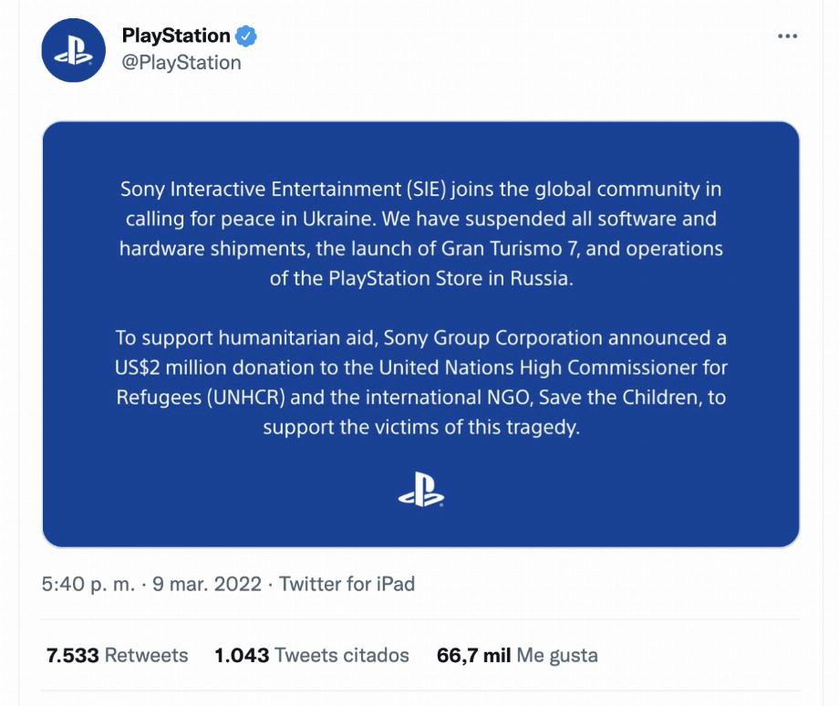 Déclaration PlayStation. (photo : Twitter)