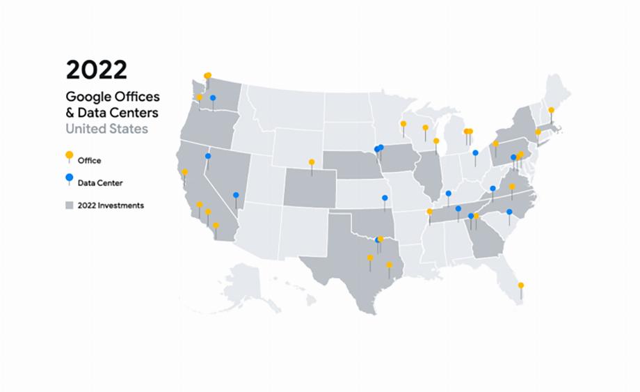 La carte des bureaux et centres de données de Google aux États-Unis