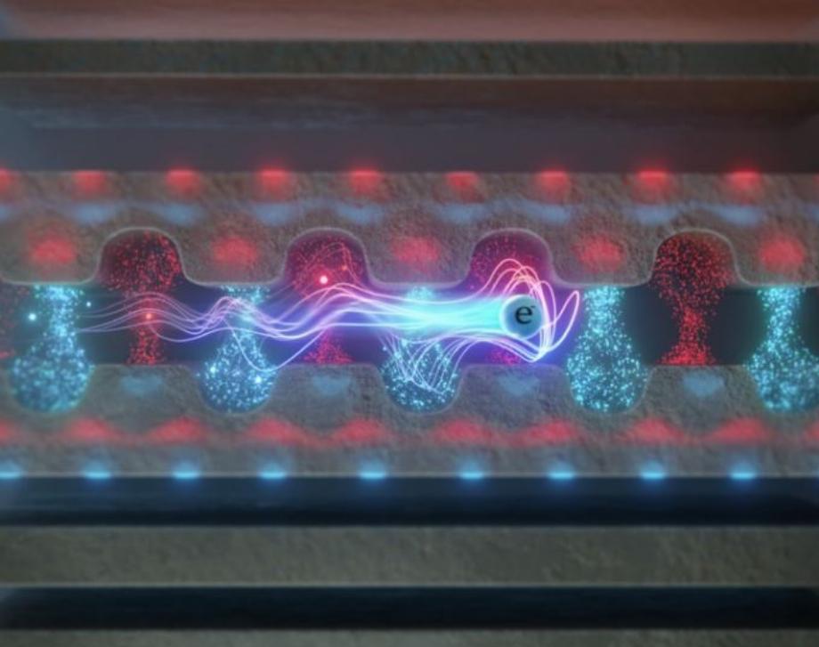 Vue d'artiste de la structure ACHIP et de l'interaction entre les photons et les électrons libres (Photo : EP)