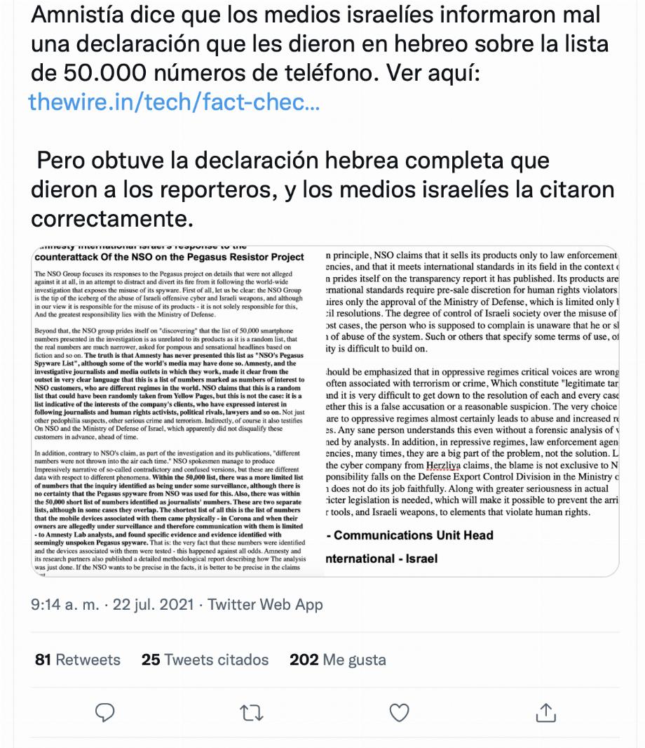 Liste d'environ 50 000 numéros de téléphone susceptibles d'intéresser les entreprises clientes du groupe NSO. (Photo : Twitter/@KimZetter)