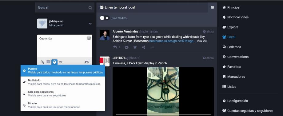 Il est possible de choisir le public des posts, d'ajouter des hashtags et d'attirer les utilisateurs (capture dans Mastodon Social)