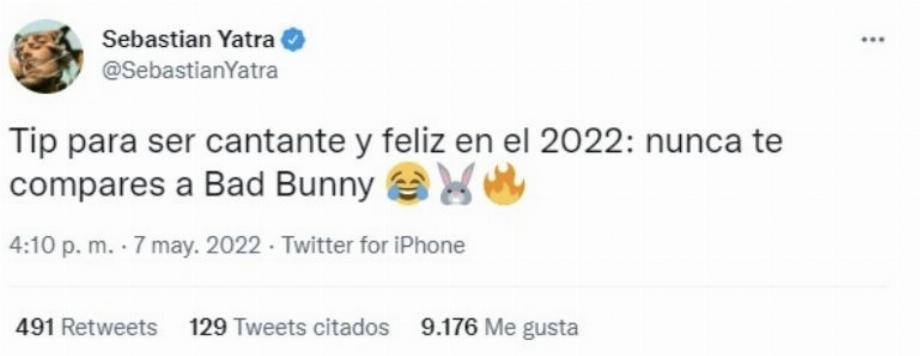 La réaction de Sebastián Yatra au nouvel album de Bad Bunny sur Spotify. (photo : Twitter)