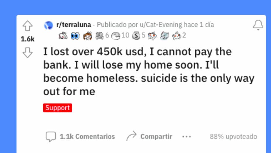 L'utilisateur a déclaré qu'il avait perdu 450 000 $ investis dans la cryptographie et qu'il ne restait plus que le suicide (Photo : Capture d'écran/Reddit)