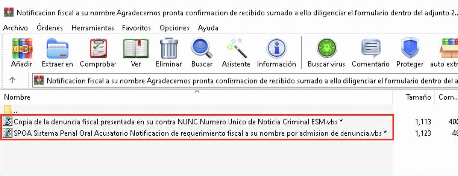 Exemple de fichiers avec l'extension .vbs contenus dans l'un des fichiers compressés qui ont été envoyés en pièce jointe dans les e-mails de phishing. (photo : ESET)