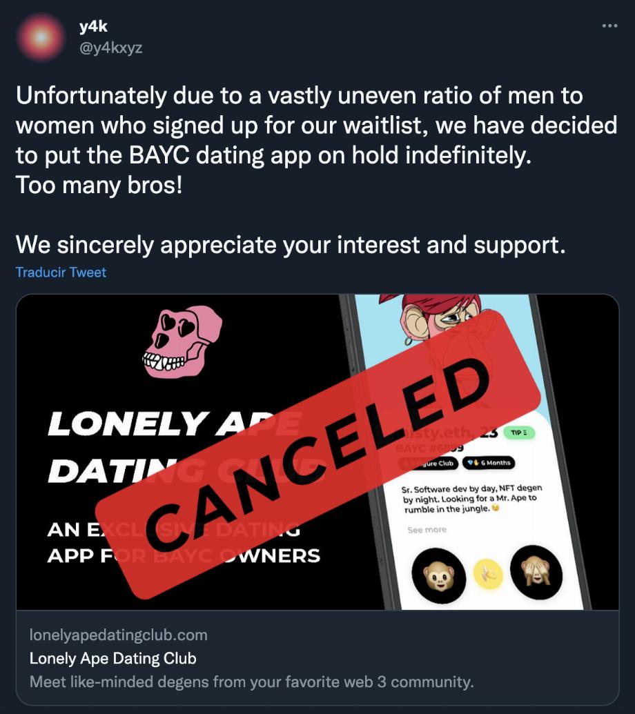 Dans ce tweet, les créateurs de l'application ont déclaré qu'ils l'annulaient car il y avait trop d'hommes sur la plateforme.