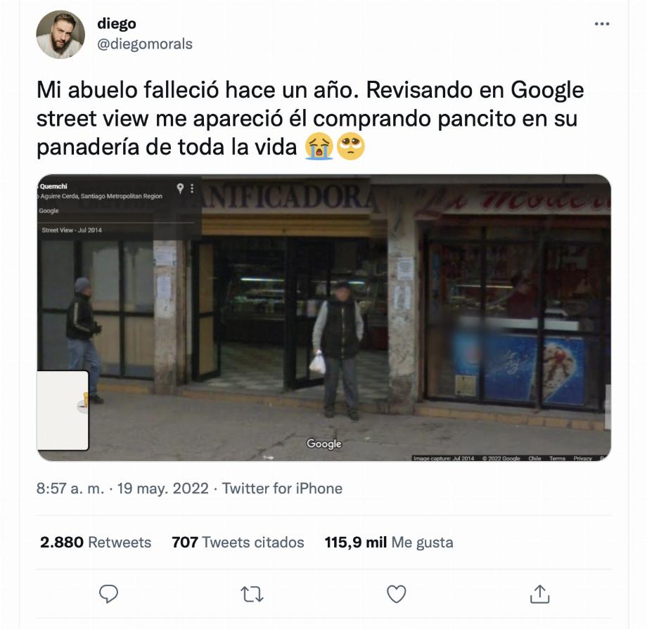 Un jeune homme retrouve son grand-père décédé il y a un an sur Google Street View. (Photo : Twitter/diegomorals)