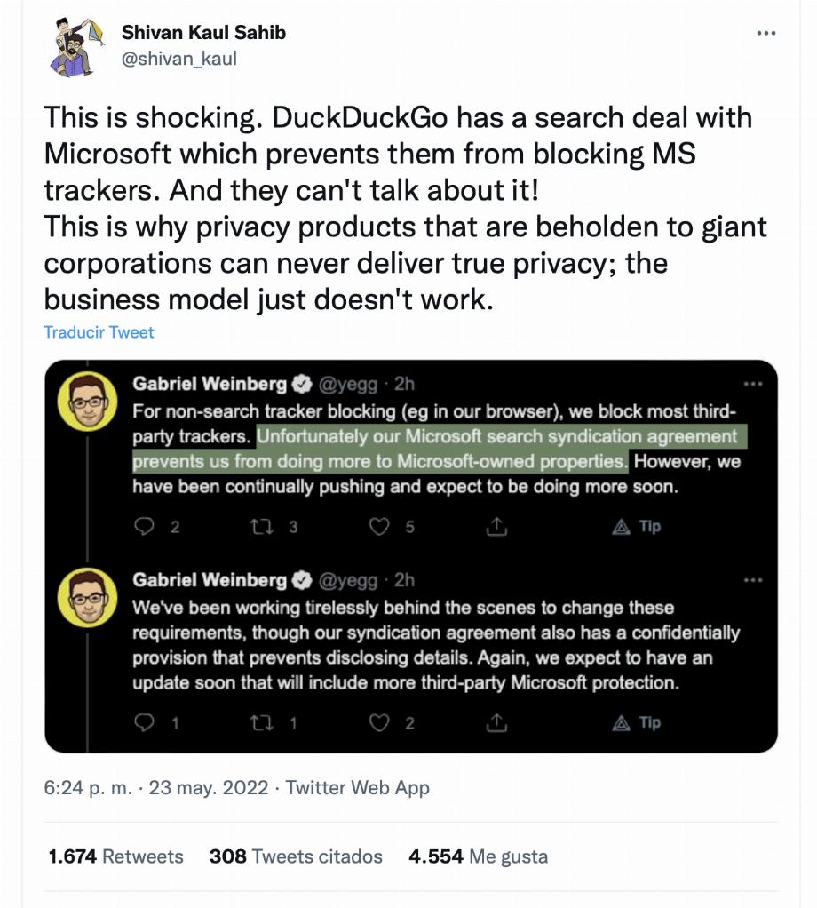 Le PDG de DuckDuckGo répond au tweet de Shivan Kaul Sahib. (Photo : Twitter/Gabriel Weinberg)