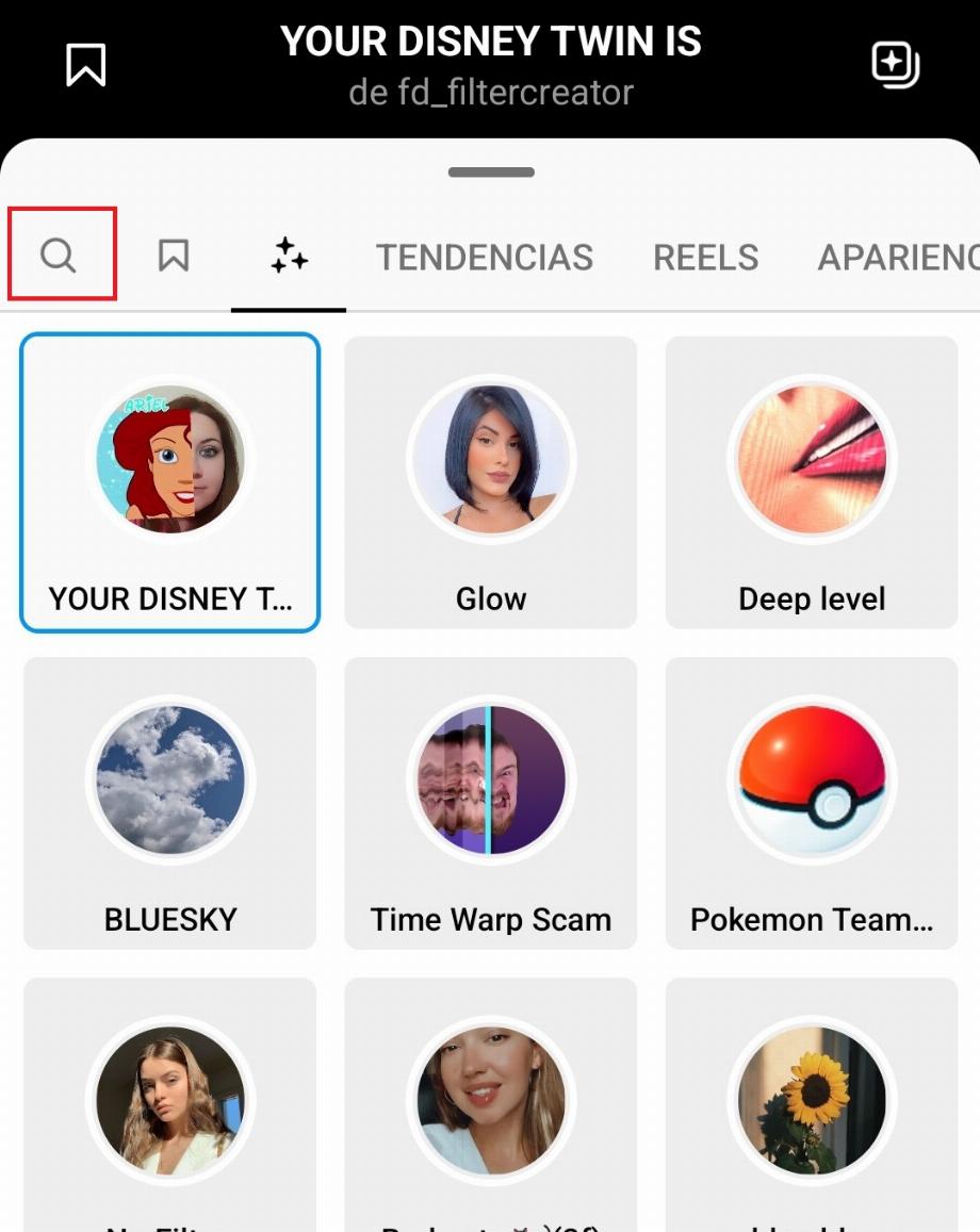 Avec la loupe tu cherches les effets sur Instagram