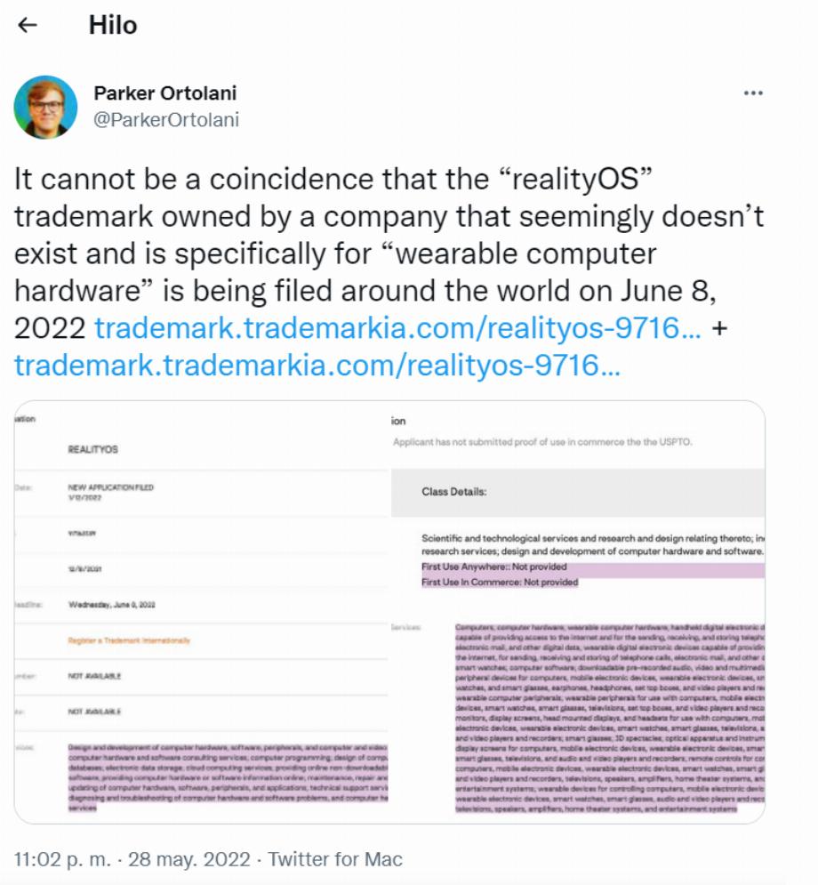 Le consultant Parker Ortolani a partagé des captures d'écran de l'enregistrement de la marque RealityOS