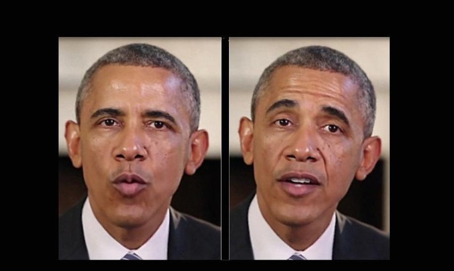 Exemple de deep fake : à gauche, la vraie photo de Barack Obama. À droite, le résultat de l'utilisation de deep fake. (photo : OpenDemocracy)
