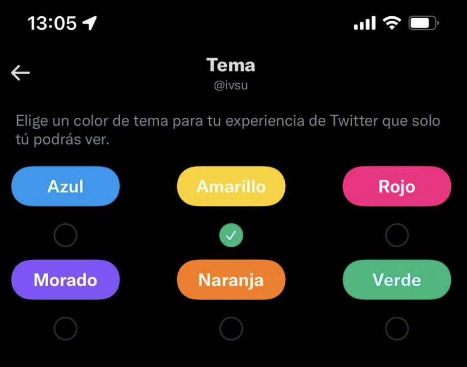 Découvrez les couleurs que vous pouvez sélectionner dans Twitter Blue pour le thème. (capture : Xataka Mobile)