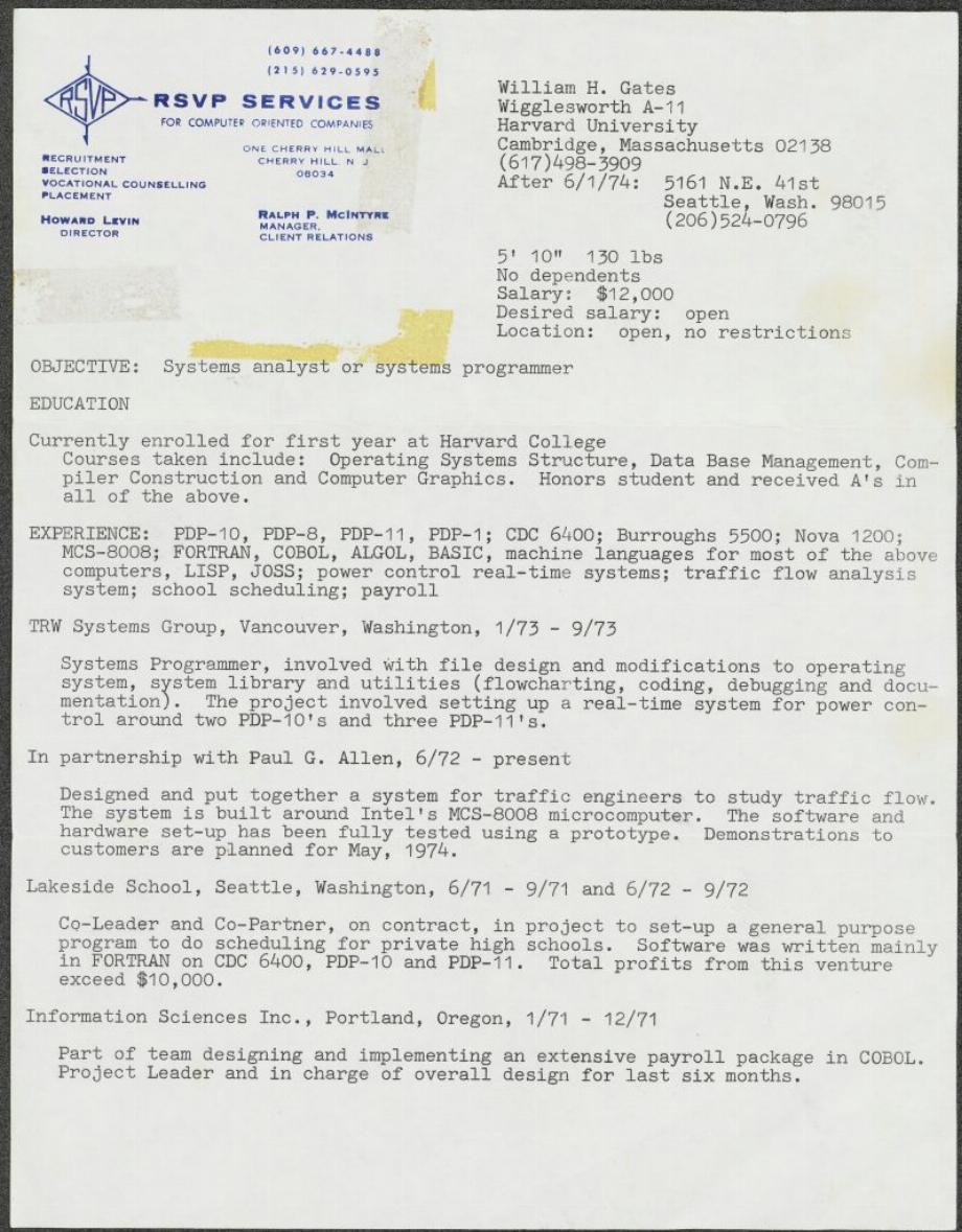 C'est le CV de Bill Gates quand il était jeune. (Extrait de LinkedIn)
