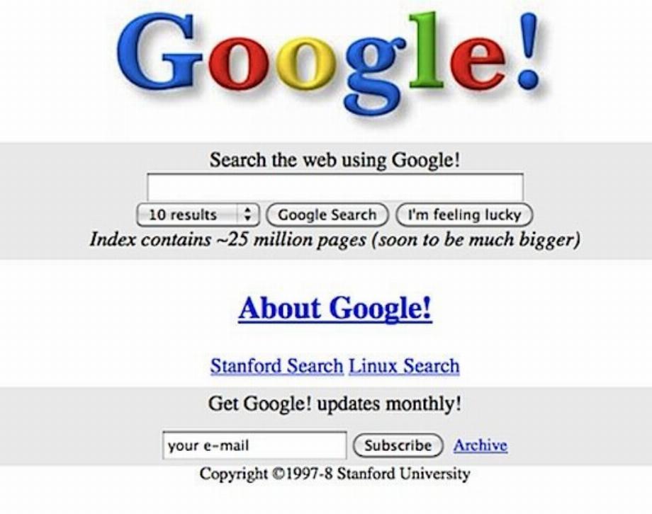 Apparition originale de Google Search en 1998, un an après sa création.