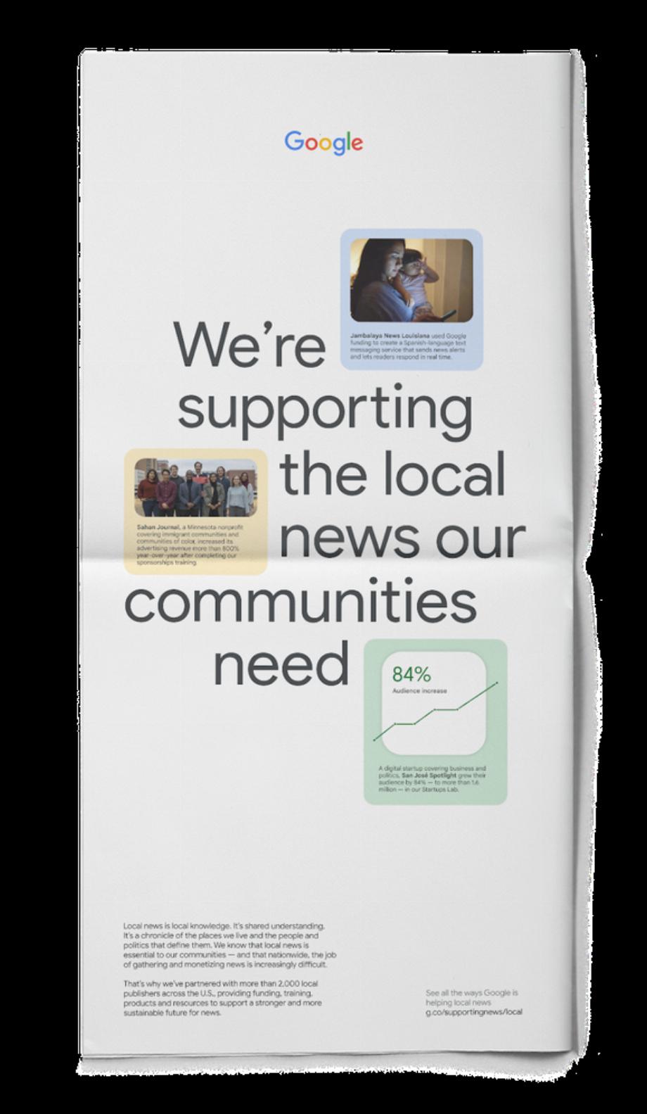 Google a acheté des espaces publicitaires dans de petits médias locaux pour 15 millions de dollars pour soutenir la production d'informations (Google News)
