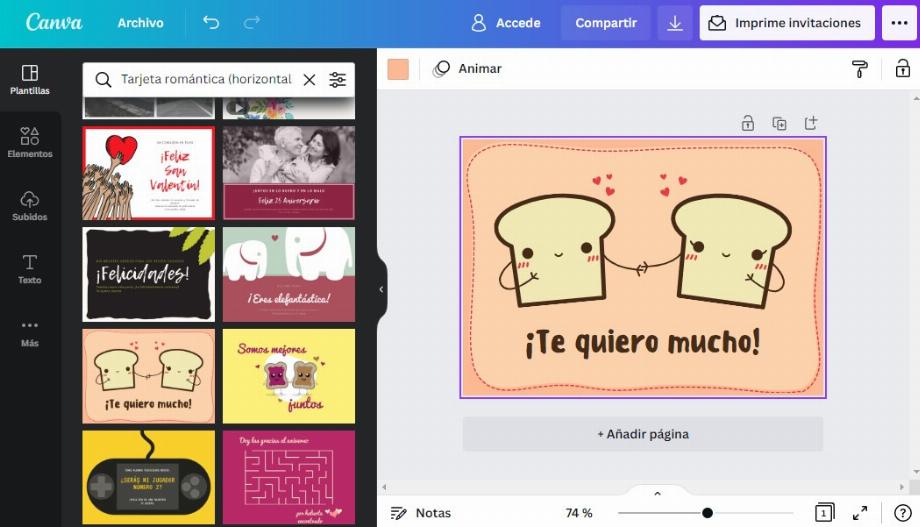 Cartes d'amour pour les couples sur Canva (Capture)