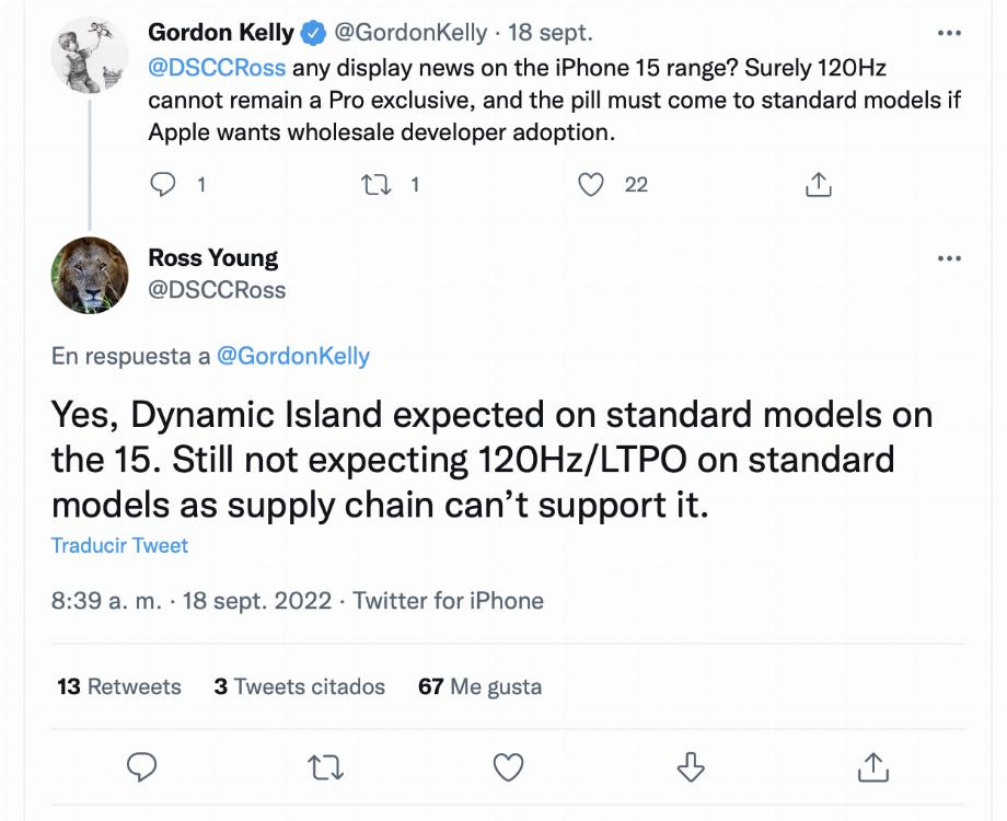 Ross Young parle de Dynamic Island sur l'iPhone 15. (Photo : Twitter)