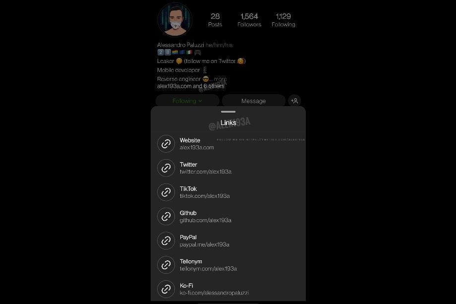 Profil d'un utilisateur pouvant mettre plusieurs liens sur Instagram. (photo : Twitter/Alessandro Paluzzi/Composition/José Arana)