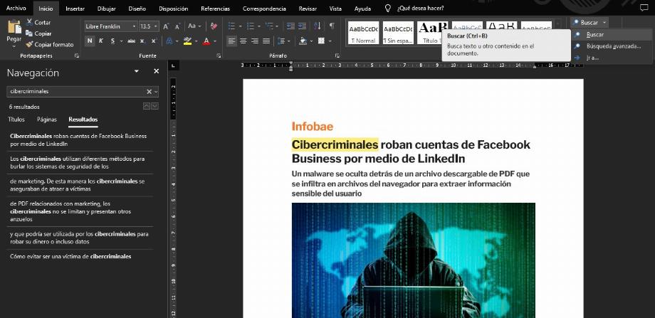 Rechercher des mots dans Microsoft Word (capture d'écran)