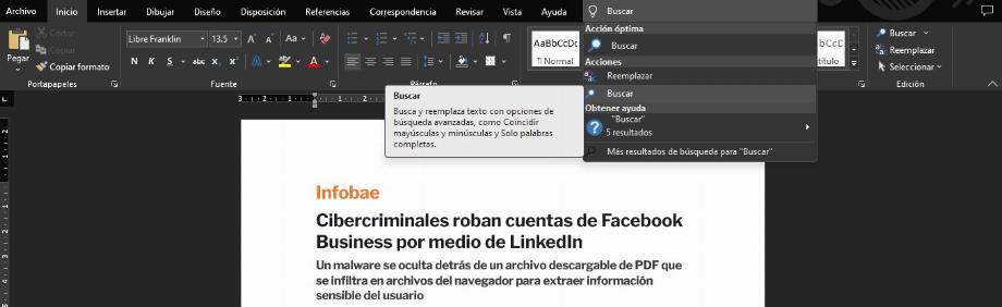 Rechercher des options dans Microsoft Word (Capture d'écran)