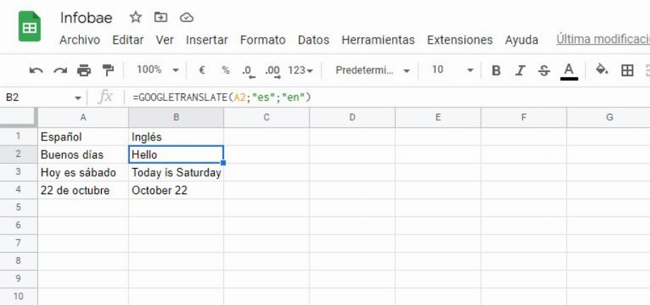 Traduction de textes avec Google Sheets. (Capture)