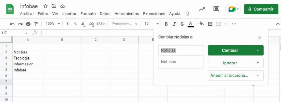 Correction orthographique automatique dans Google Sheets (Capture)