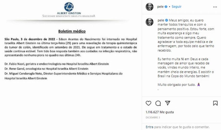 Le compte Instagram de Pelé a rapporté que l'ancien joueur continuait à effectuer son traitement normalement. (Capture)