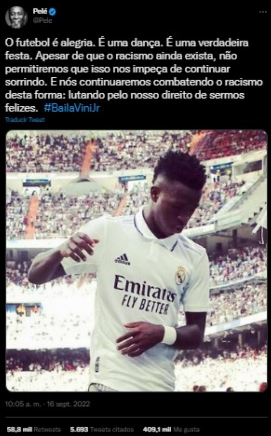 Message sur le compte Twitter de Pelé dans lequel il exprime son soutien au joueur Vinicius Jr. après des critiques pour avoir célébré des buts en dansant. (Capture)