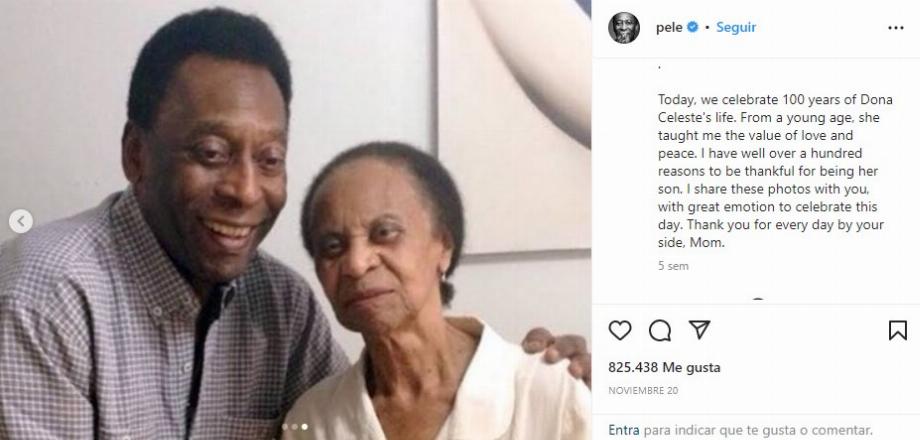 Pelé salue sa mère pour son anniversaire sur Instagram. (Capture)