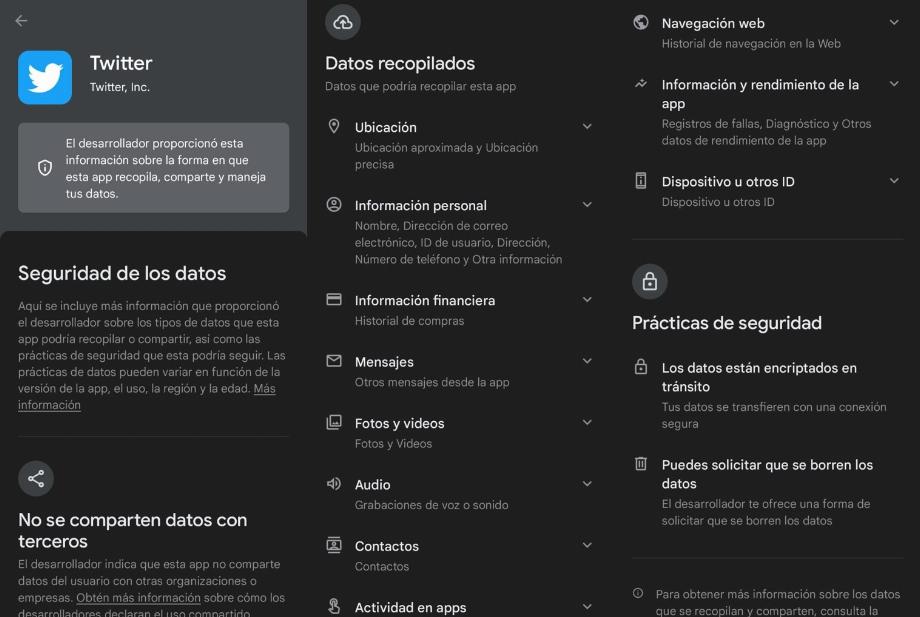 Section de sécurité des données d'application dans Google Play Store. (Capture)