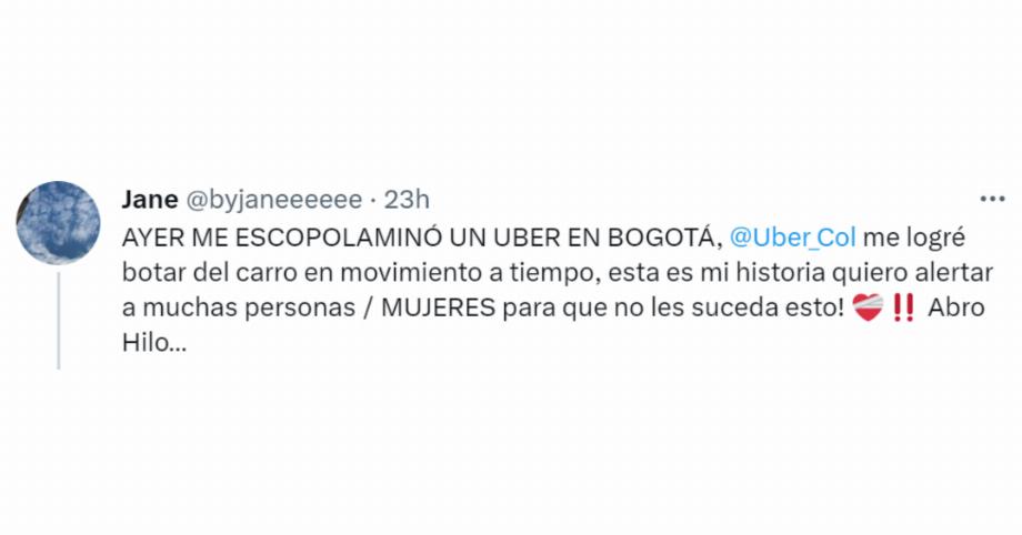 Jane a assuré via son compte Twitter qu'elle avait réussi à échapper à une attaque à la scopolamine grâce au fait qu'elle avait sauté de la voiture. Crédit : @byjaneeeeee
