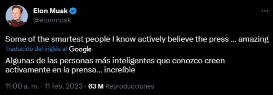 Message Twitter d'Elon Musk, PDG de Twitter, à propos des personnes qui croient en la presse. (Prises)
