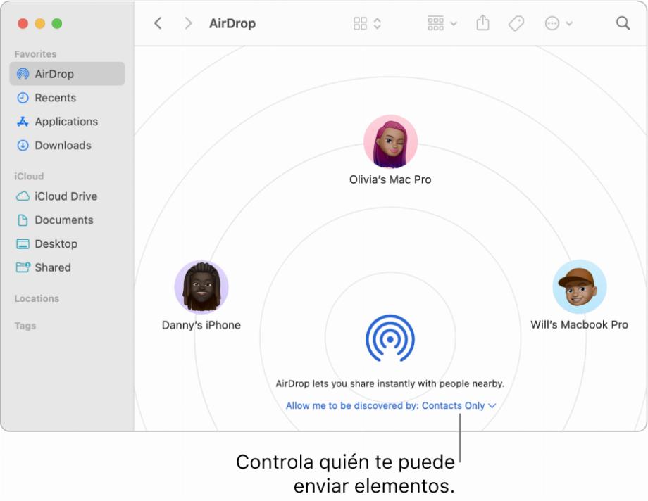 Avec AirDrop sur l'ordinateur Apple, vous pouvez envoyer des éléments à partir du Finder, du bureau ou de certaines applications. (Manzana)
