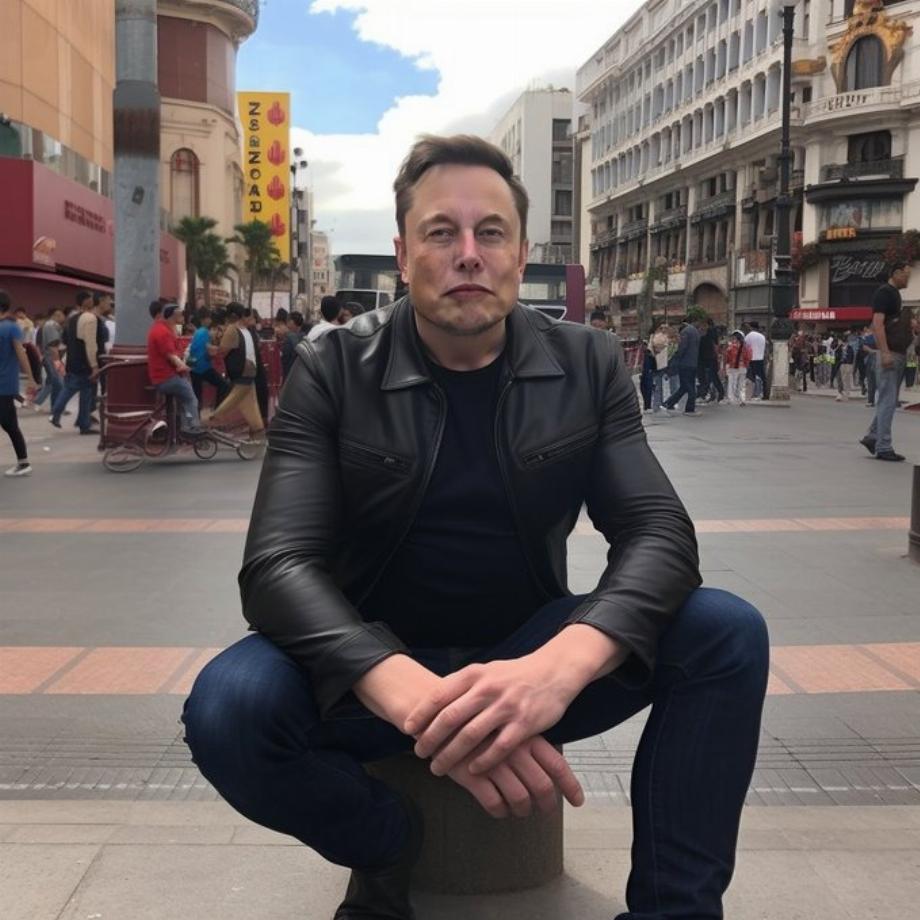 Fausse photographie produite par Midjourney d'Elon Musk sur la Plaza Callao, à Madrid. Le panneau jaune et le vélo à gauche de l'homme d'affaires montrent des illisibilités et des difformités, ce qui permet d'identifier la photographie comme générée par l'intelligence artificielle. (Twitter/@earcos)