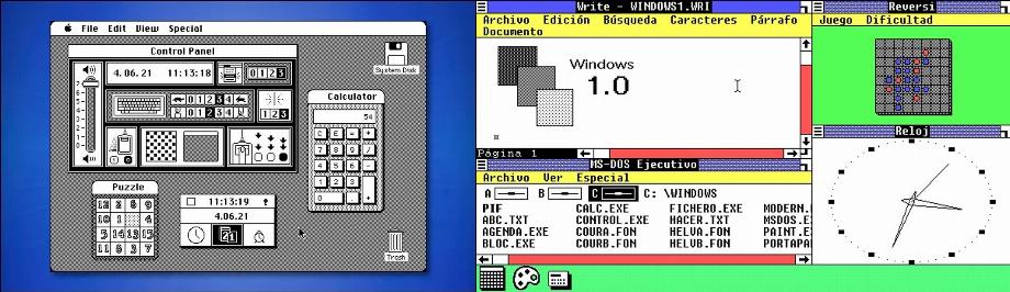 Systèmes d'exploitation MacOS (1985) et Windows 1.0 (1985). (Infobae)
