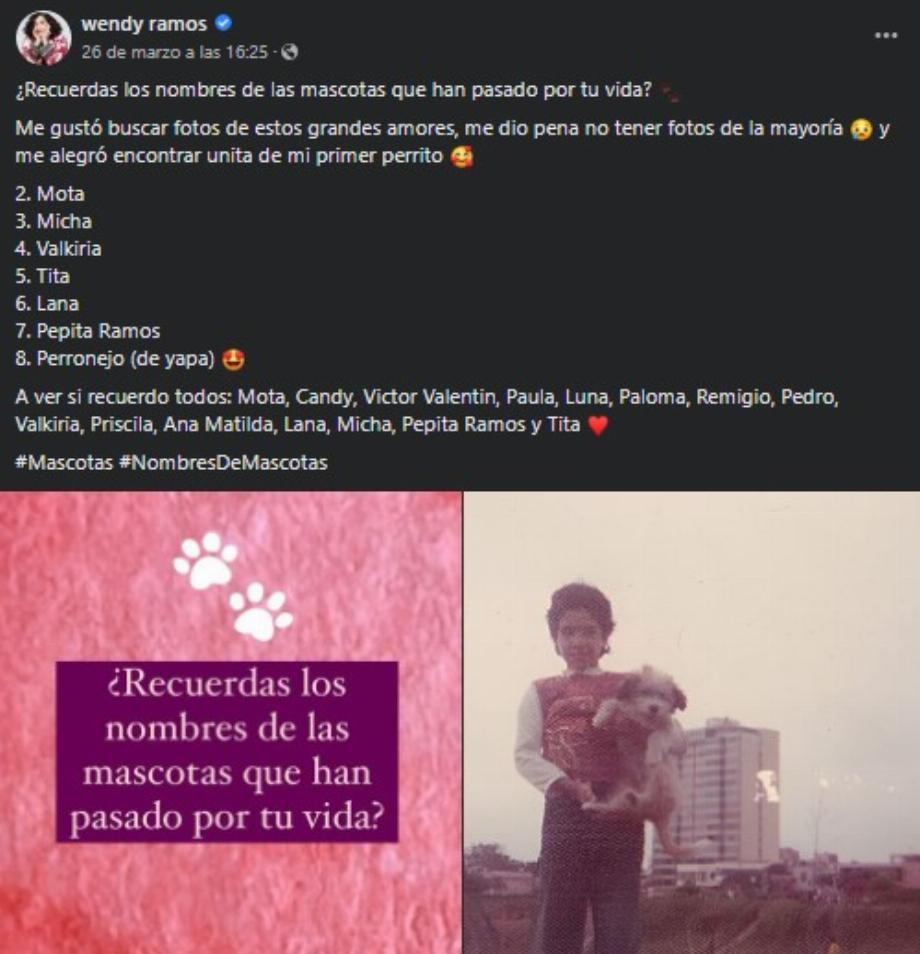 Publiez sur le profil Facebook de Wendy Ramos dans lequel elle se souvient des noms de ses animaux de compagnie. (Capture)