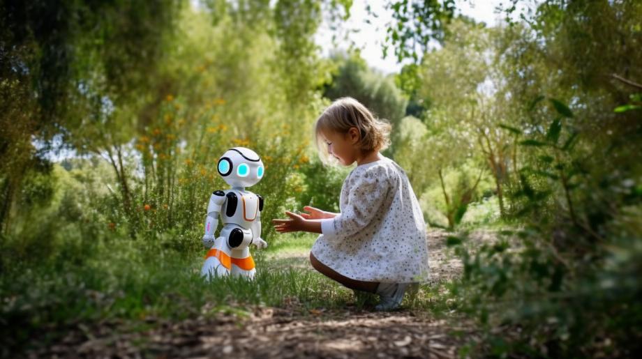 Un futur proche : une fille jouant et apprenant avec son ami robot (Image d'illustration)