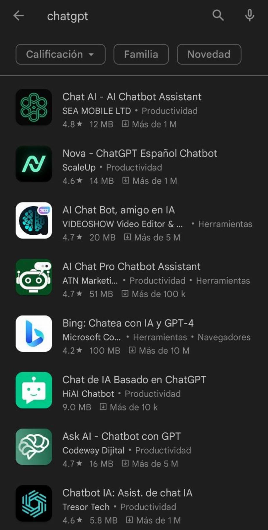 Les applications du Google Play Store se font passer pour des versions de ChatGPT. (Capture)