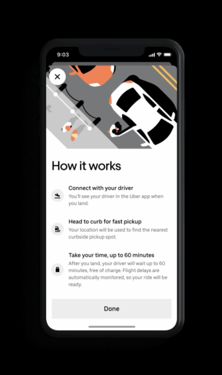 La fonction Uber Reservations permet au chauffeur d'attendre jusqu'à une heure après l'atterrissage du vol pour récupérer le passager. (Uber)