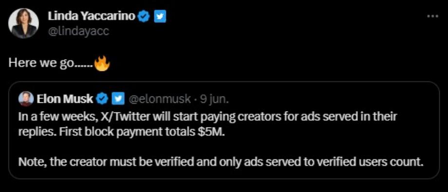 Elon Musk et Linda Yaccarino annoncent que les créateurs de contenu pourront bientôt recevoir des revenus pour la publicité affichée dans leurs réponses. (Capture)