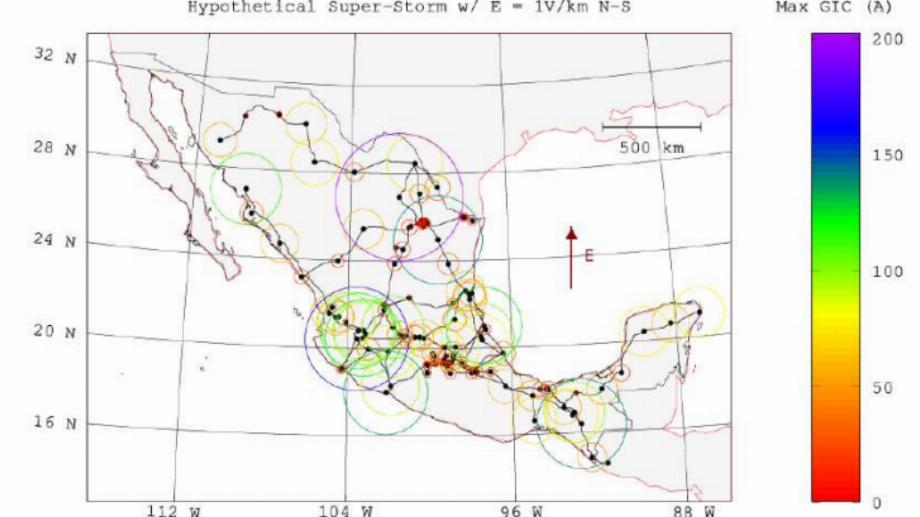 Carte modèle des niveaux de « courants induits géomanétiquement » (GIC) dans un super orage hypothétique. (Capture d'écran d'un rapport de LANCES et de l'Institut de géophysique de l'unité du Michoacán main dans la main avec l'UNAM)