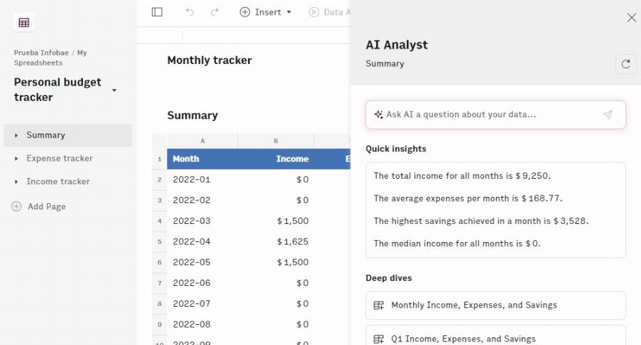 La plate-forme Row utilise l'intelligence artificielle pour effectuer des analyses de données dans des feuilles de calcul. (Capture)