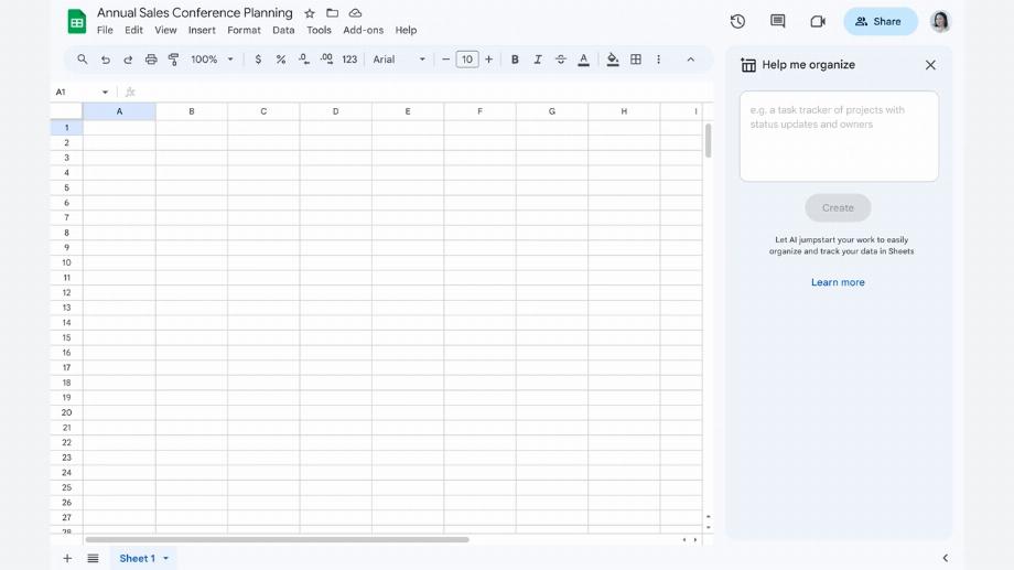 La fonctionnalité Aidez-moi à organiser dans Google Sheets permet la gestion, la création et l'analyse de données à l'aide de l'intelligence artificielle. (Google)