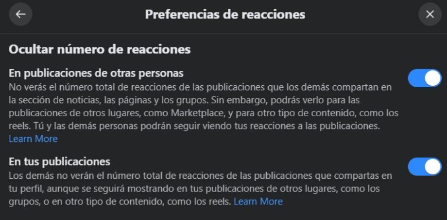Préférence des réactions sur Facebook. (Capture)