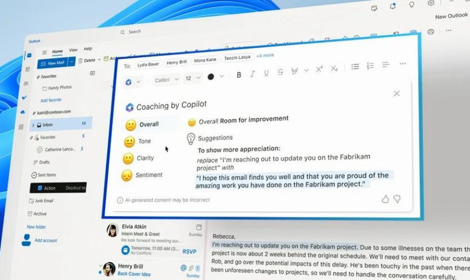 Il est désormais possible dans Outlook de demander à l'IA d'écrire des emails avec une tonalité spécifique. (Microsoft)