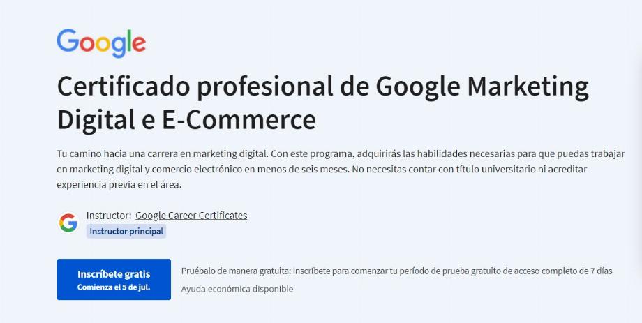 Google et Coursera proposent des cours de marketing numérique et de commerce électronique. (Capture)