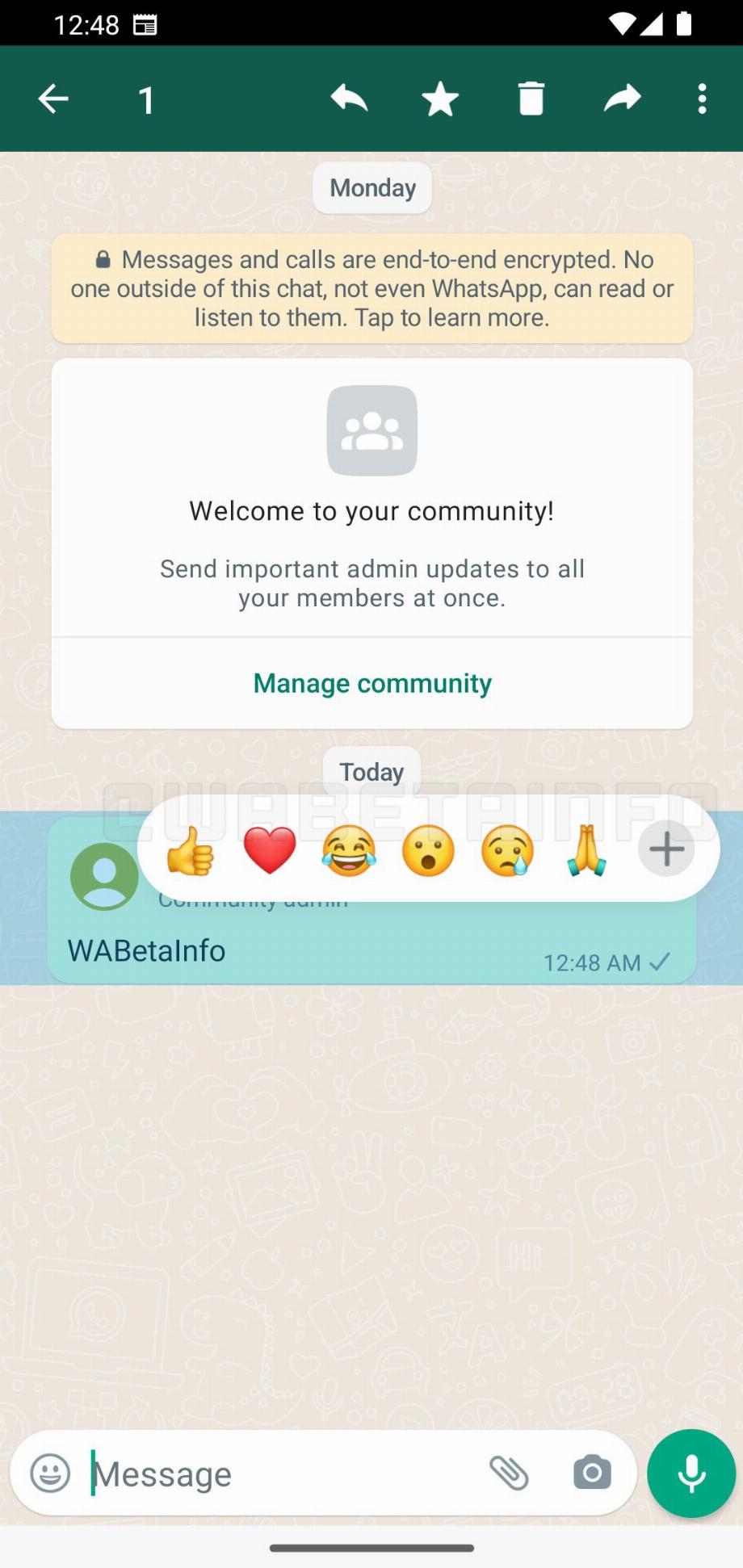 Réactions dans les communautés WhatsApp. (WABetaInfo)