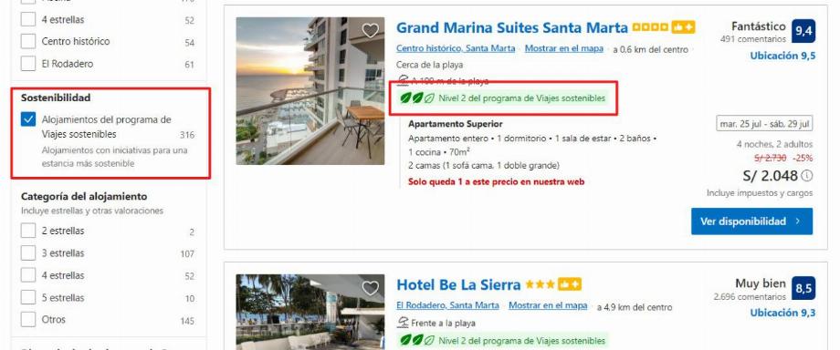 Le filtre de voyage durable sur Booking.com établit jusqu'à trois niveaux de durabilité dans les hébergements disponibles. (Capture)